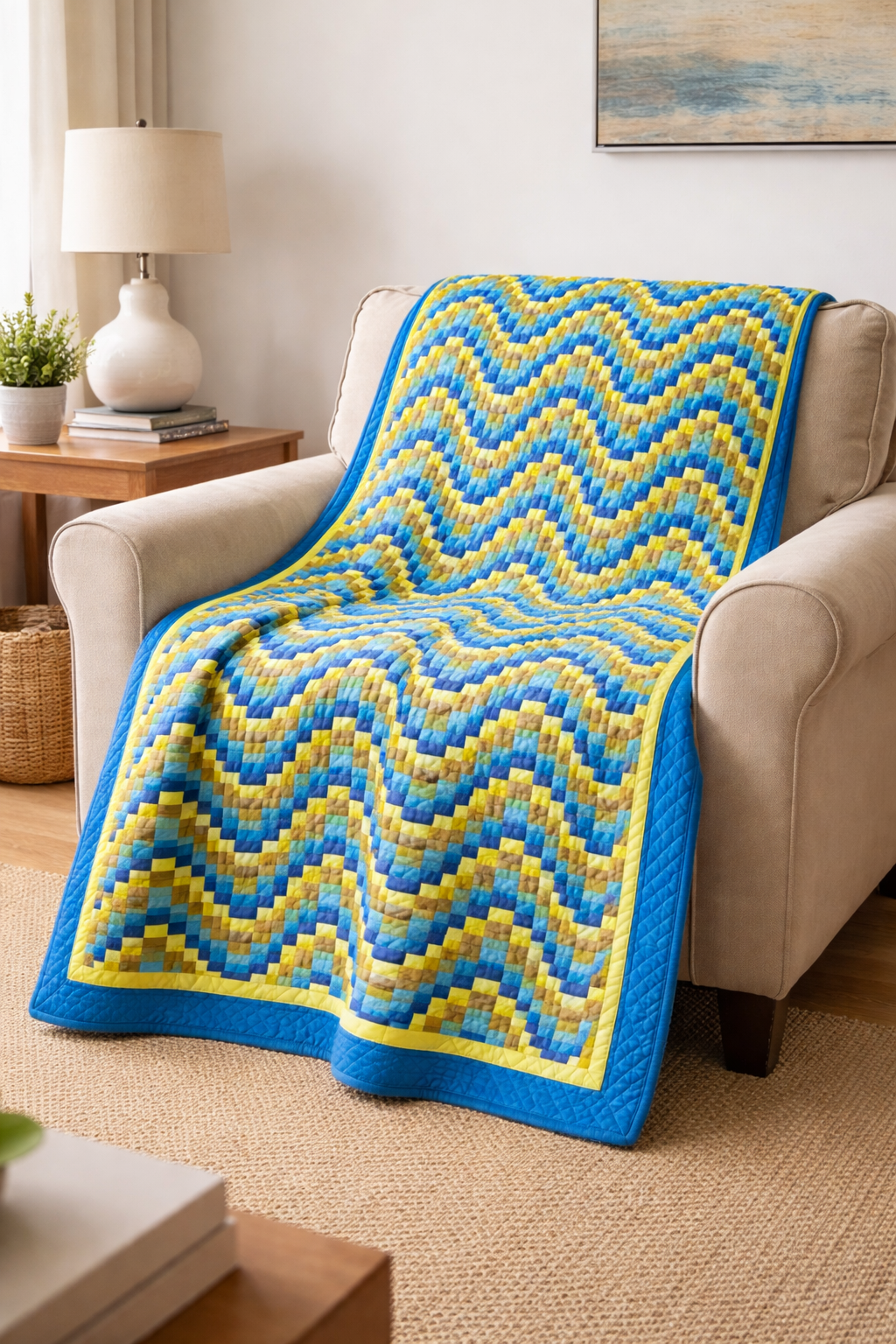 Cozy armchair with colorful quilt